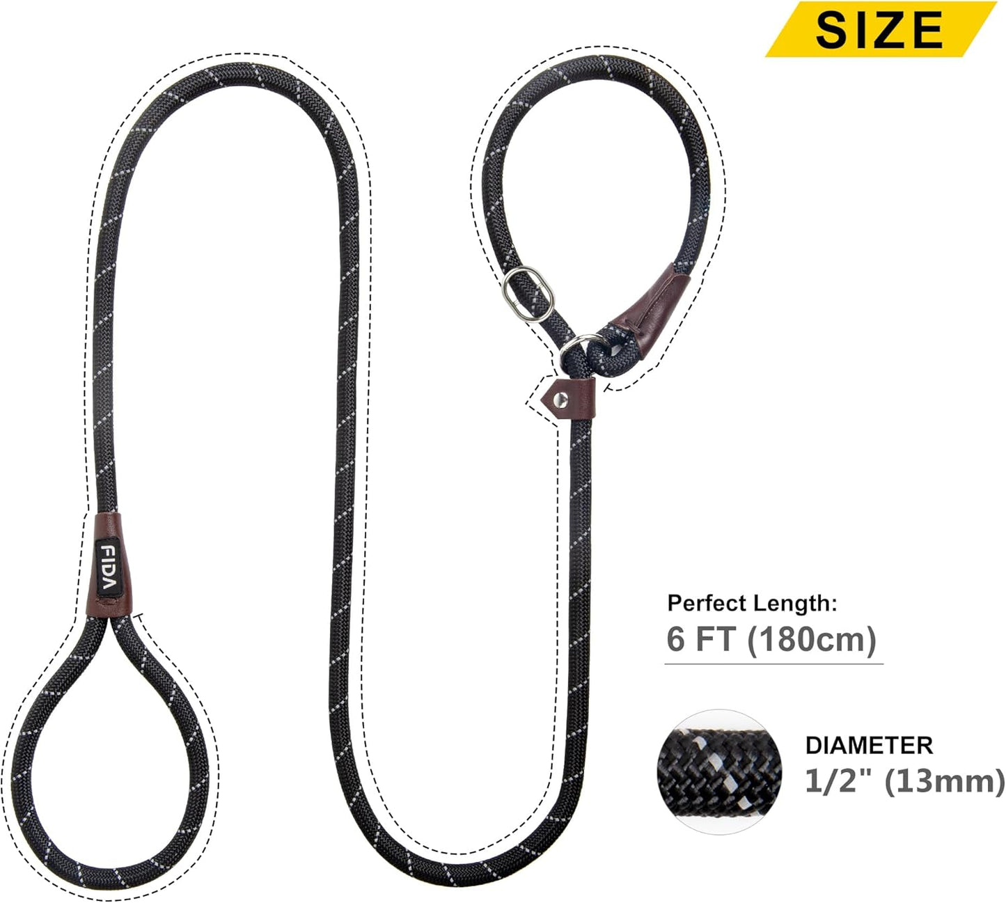 Durable Slip Lead Dog Leash, 6 FT X 1/2" Heavy Duty Dog Loop Leashes, Comfortable Strong Rope Slip Leash for Large Medium Dogs, No Pull Pet Training Lead with Highly Reflective(1/2", Black)