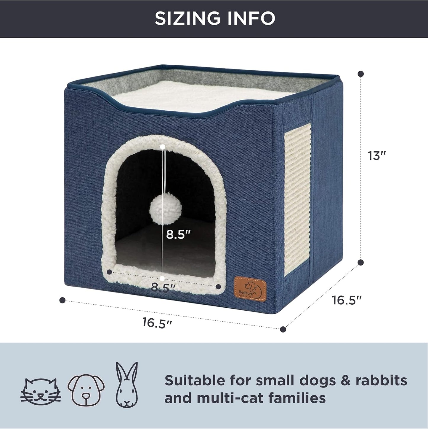 Cat Beds for Indoor Cats - Large Cat Cave for Pet Cat House with Fluffy Ball Hanging and Scratch Pad, Foldable Cat Hideaway, 16.5X16.5X13 Inches, Blue