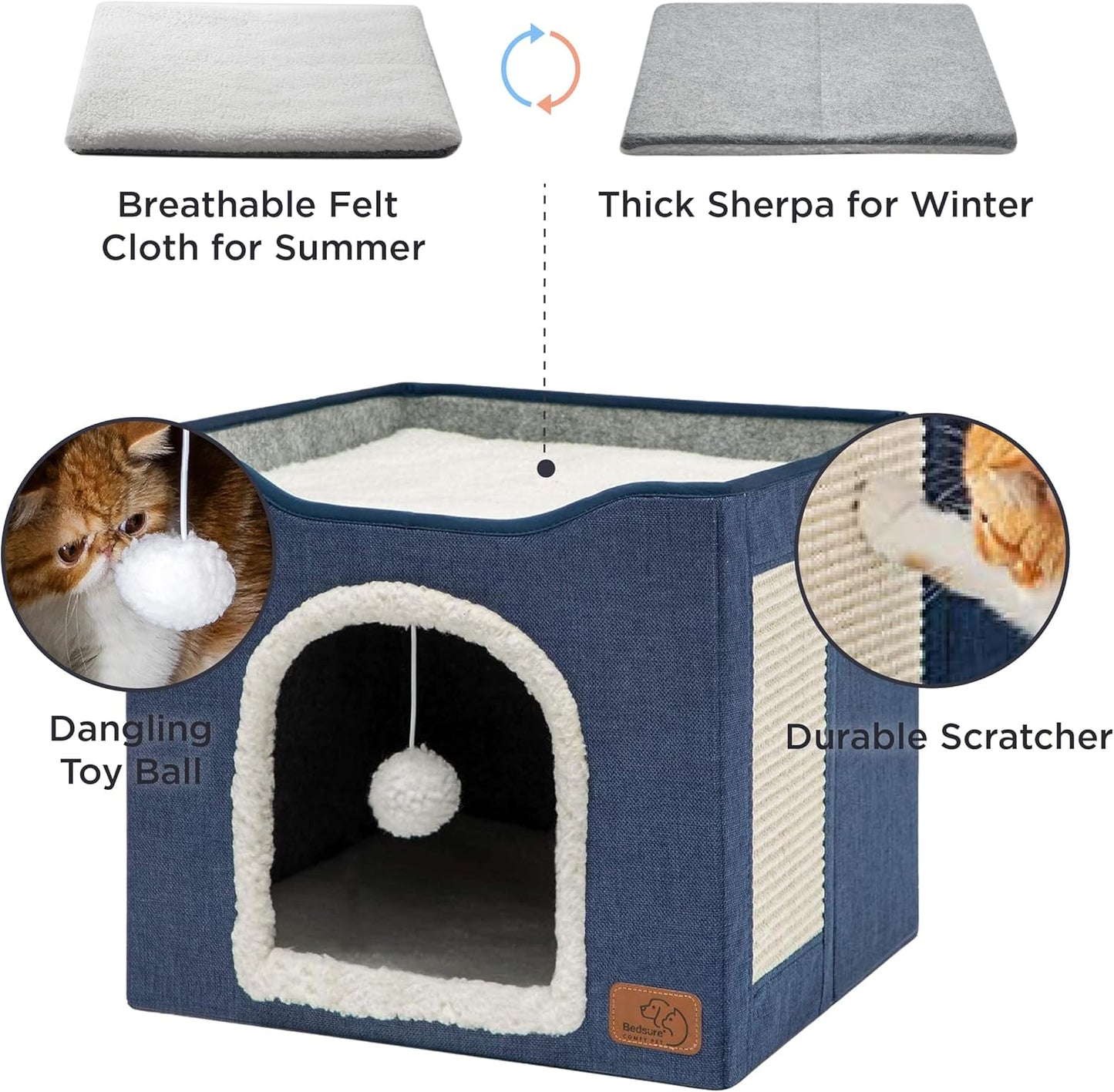 Cat Beds for Indoor Cats - Large Cat Cave for Pet Cat House with Fluffy Ball Hanging and Scratch Pad, Foldable Cat Hideaway, 16.5X16.5X13 Inches, Blue