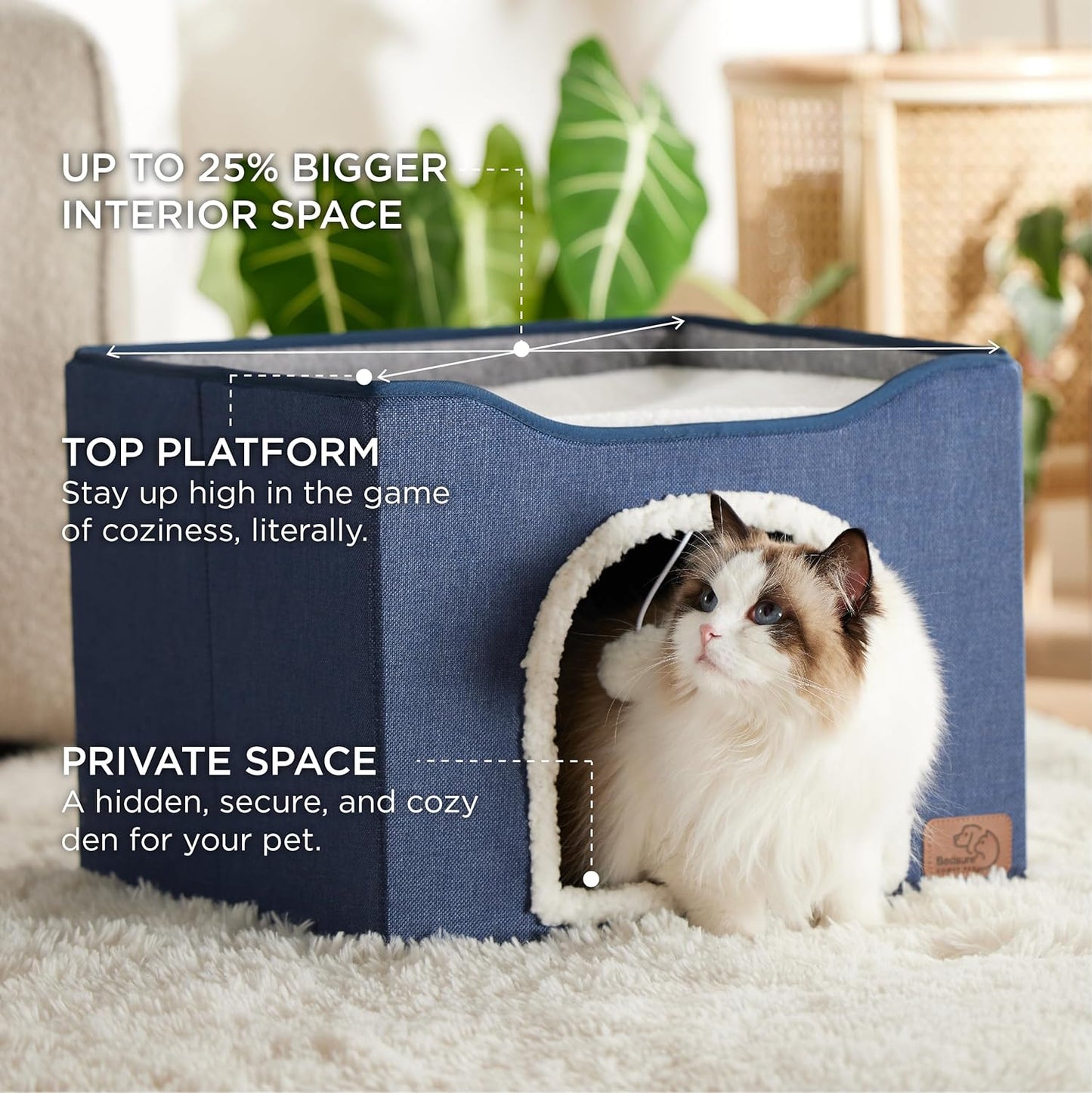 Cat Beds for Indoor Cats - Large Cat Cave for Pet Cat House with Fluffy Ball Hanging and Scratch Pad, Foldable Cat Hideaway, 16.5X16.5X13 Inches, Blue