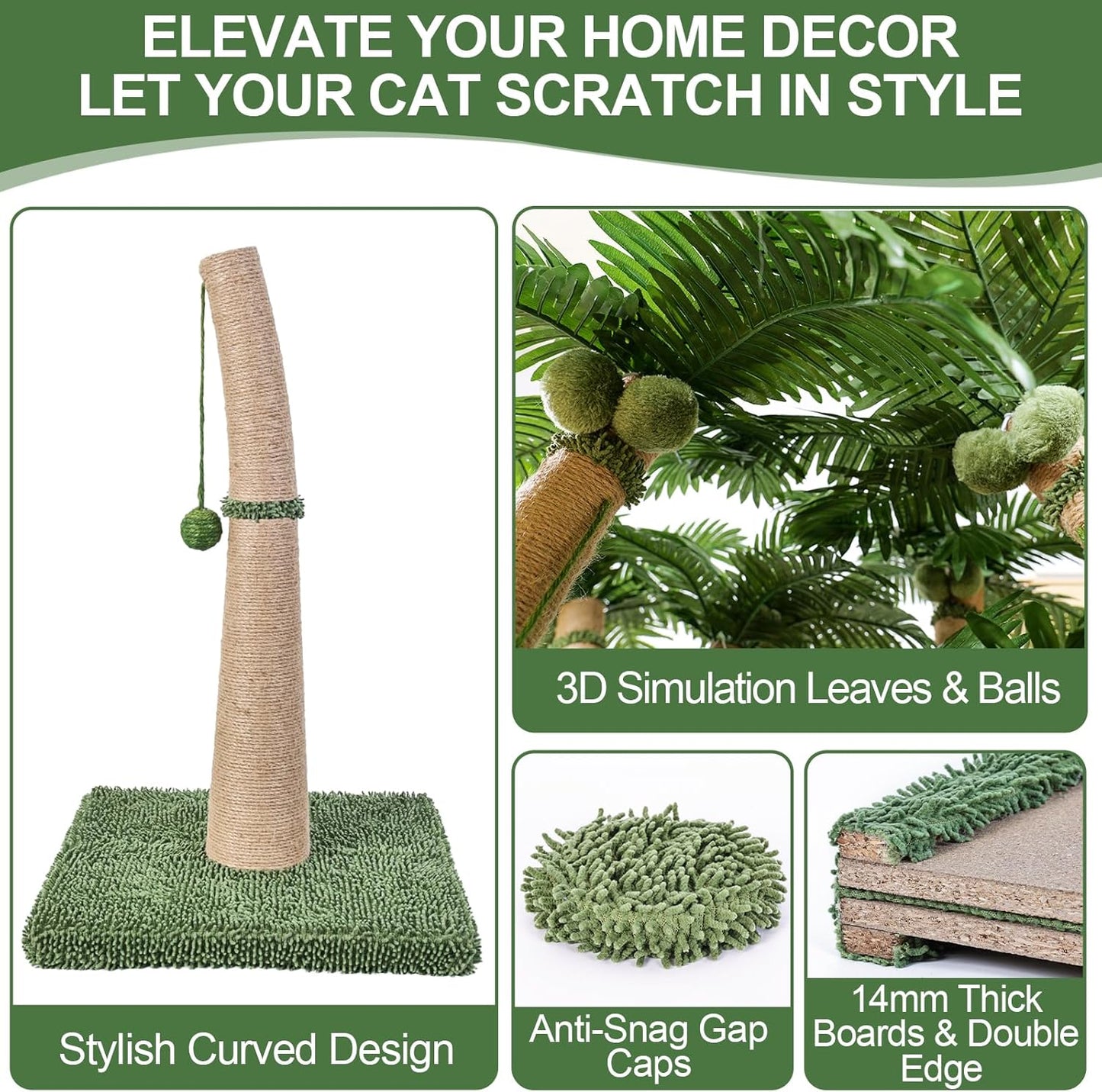 40'' Tall Cat Scratching Post, Curved Design Cat Scratcher Post with 3 Interactive Balls, Natural Sisal Rope Cat Scratching Posts for Indoor Cats Adults Kittens, Multi-Combinable (Style A)