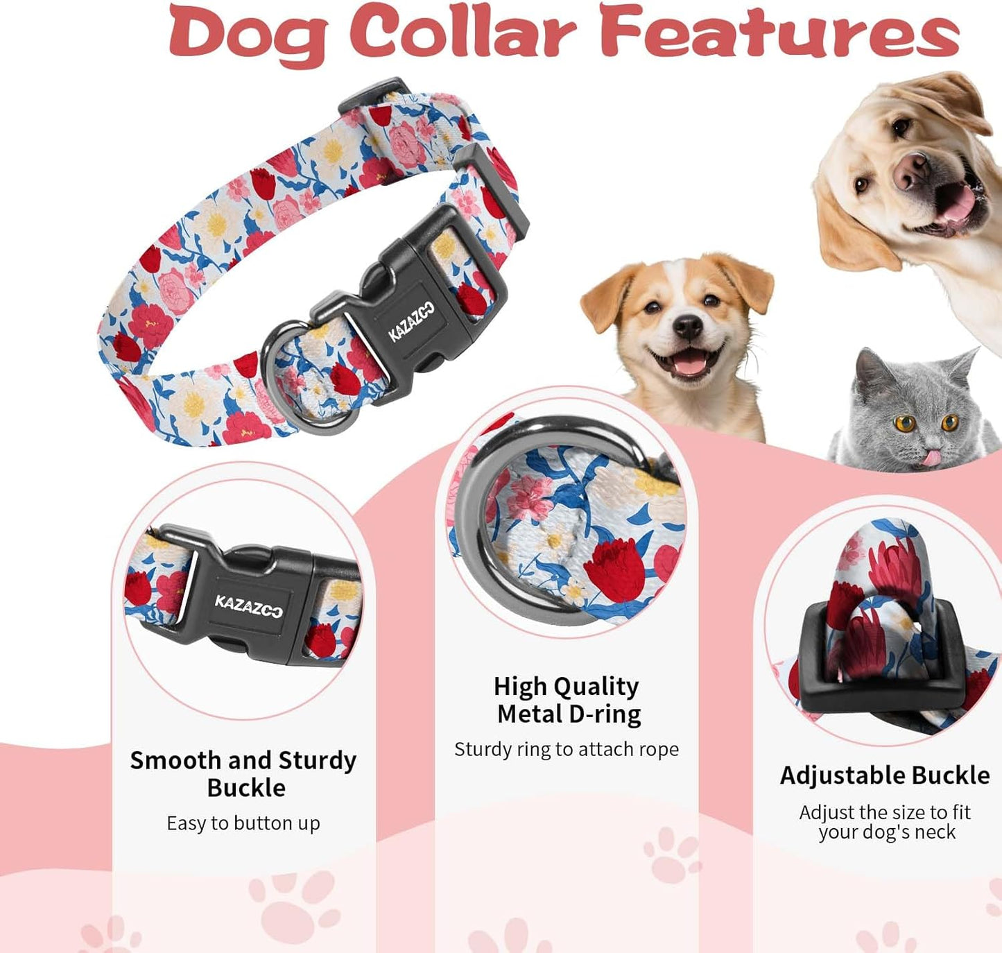 Dog Collar Cute and Soft Nylon Puppy Collar Girl, Adjustable Dog Collars for Small Medium Dogs, Blue and Pink Flowers-M