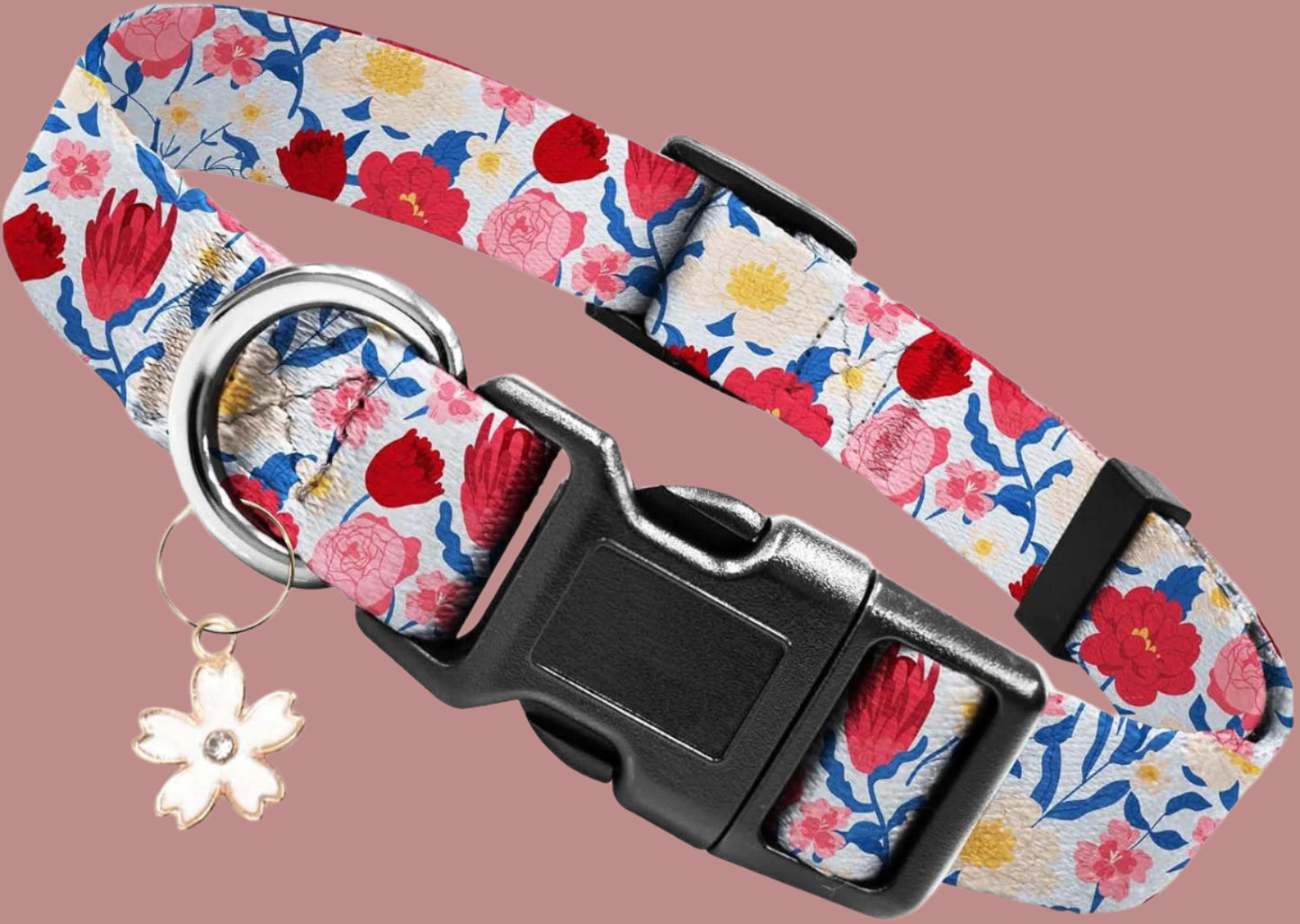 Dog Collar Cute and Soft Nylon Puppy Collar Girl, Adjustable Dog Collars for Small Medium Dogs, Blue and Pink Flowers-M