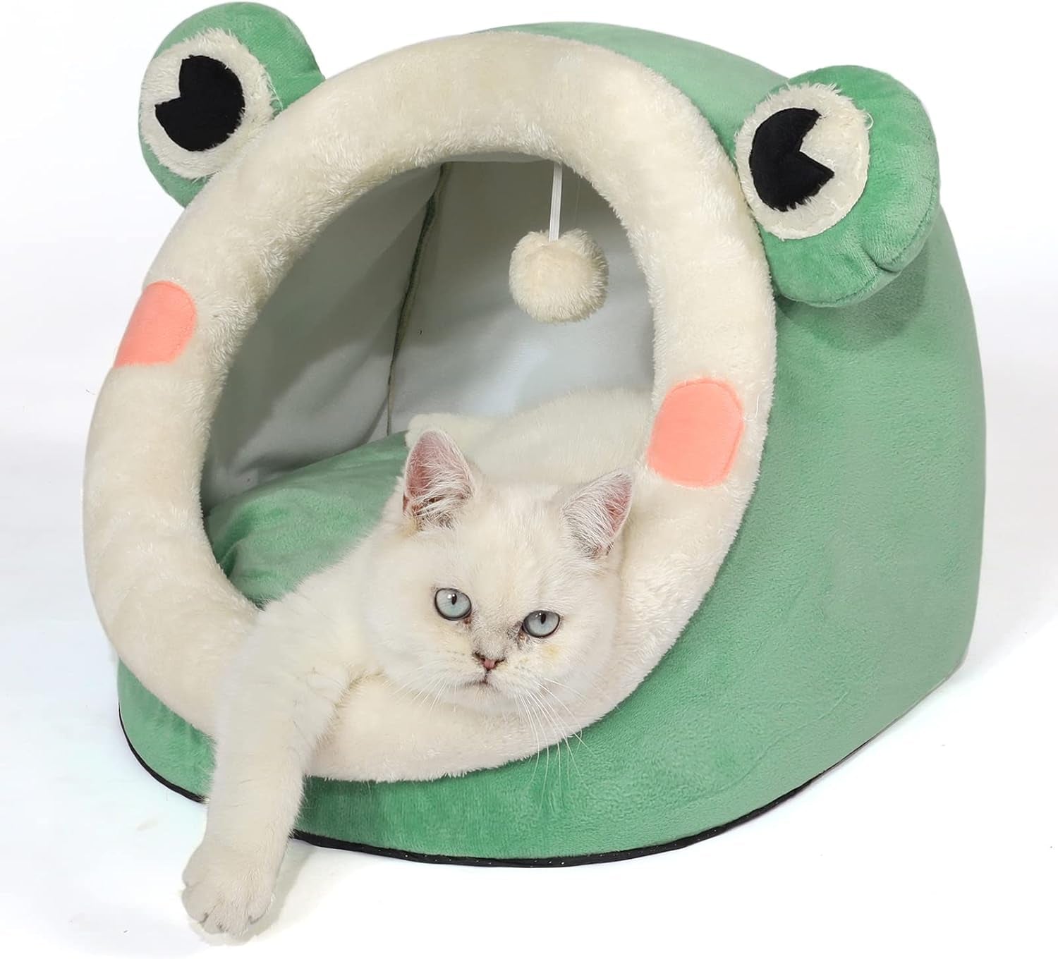 Cute Cat Bed, Indoor Lovely Velvet Igloo for Cat and Small Dog, Warm Cave Sleeping Nest Bed for Puppy and Kitten, Green Frog, M