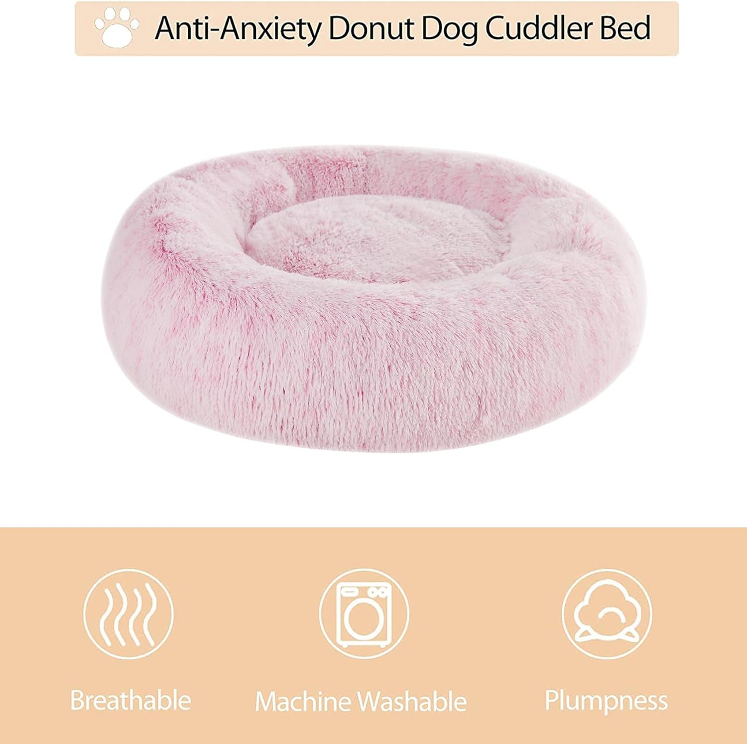 Calming Dog Bed Cat Bed Donut, Faux Fur Pet Bed Self-Warming Donut Cuddler, Comfortable round Plush Dog Beds (20 X 20 X 8 Inch, Light Pink)