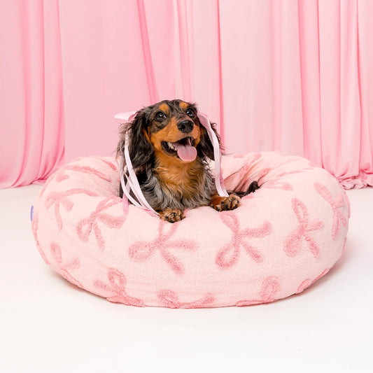Lesure Donut Medium Dog Bed - round Cat Beds for Indoor Cats Calming Pet Beds, Cute Modern Beds with Jacquard Shaggy Plush & anti Slip Bottom, 30 Inch, Pink Taffy