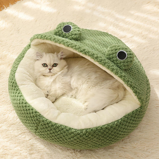 Cute Frog Cat Bed, Cozy Cat Cave, Kitten Sleeping Bag with Non-Slip Base, Warm Velvety Cat Bed for Indoor Cats, Removable Cushion, Nest Igloo Design for Security and Comfort (2, M)