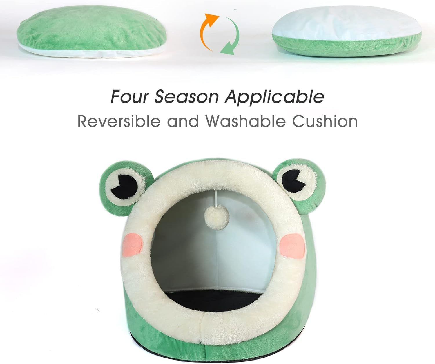 Cute Cat Bed, Indoor Lovely Velvet Igloo for Cat and Small Dog, Warm Cave Sleeping Nest Bed for Puppy and Kitten, Green Frog, M