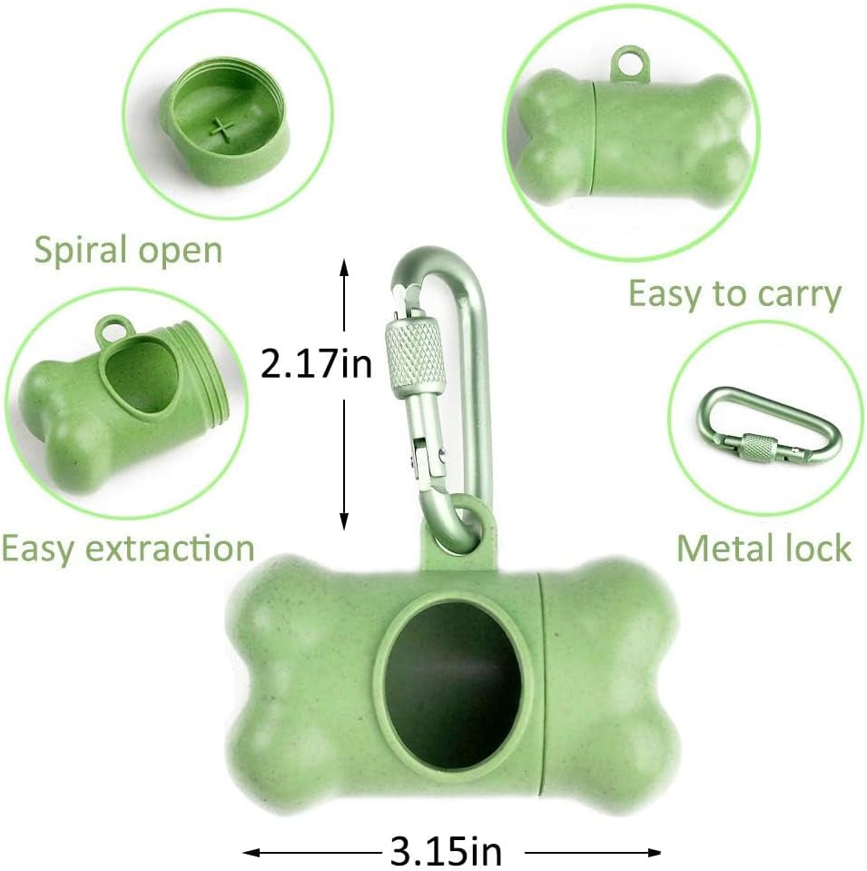 Dog Poop Pickup Bags Holder Dispenser with Standard-Sized Leak-Proof Scented Doggy Waste Bags and Carabiner with Safety Lock&Fastener Never Loose on Leash Lead Again (2 Holder 30 Bags, Green)