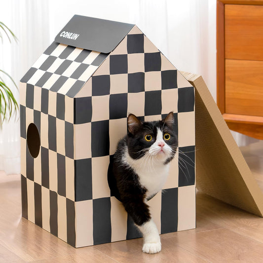 Cardboard Cat House with Scratch Pad & Catnip, Cat Play Scratching House for Indoor Hideaway Furniture, Heavy Duty Sturdy Cardboard Scratcher, Easy to Assemble Birthday Gift
