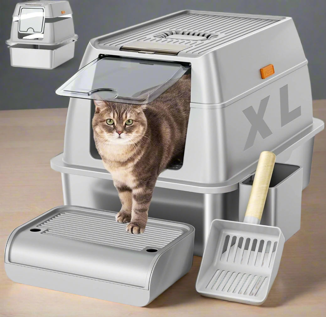 Stainless Steel Cat Litter Box with Lid, XL Extra Large Litter Box for Big Cats, Enclosed Removable Metal Litter Boxs with High Sided Enclosure & Scoop, Anti-Leakage, Non-Sticky, Easy Cleaning(Grey)