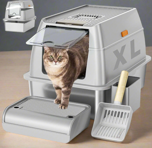 Stainless Steel Cat Litter Box with Lid, XL Extra Large Litter Box for Big Cats, Enclosed Removable Metal Litter Boxs with High Sided Enclosure & Scoop, Anti-Leakage, Non-Sticky, Easy Cleaning(Grey)