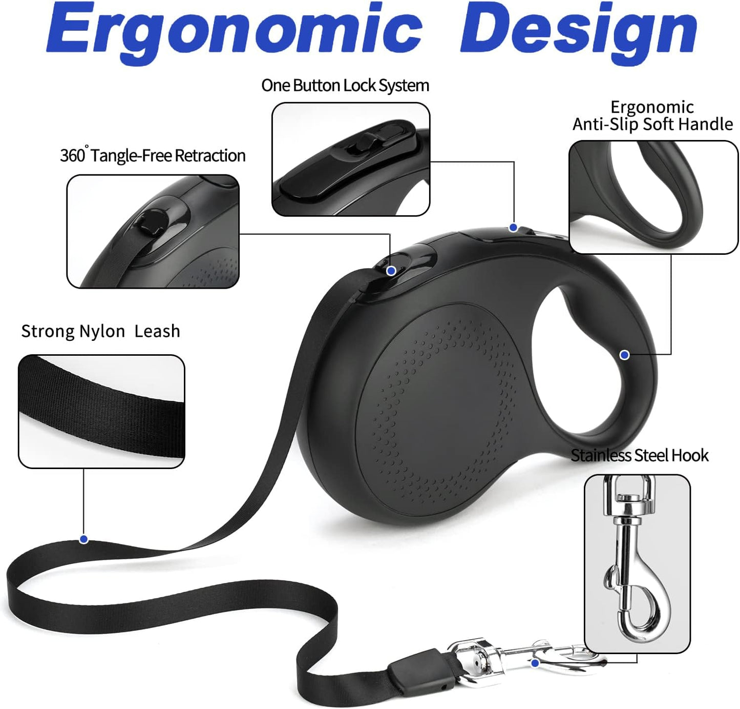 Retractable Dog Leash, 26 Feet Dog Leash for Small to Large Dogs up to 110Lbs, Anti-Slip Handle One Button Lock and Release, Heavy Duty 360° Tangle-Free