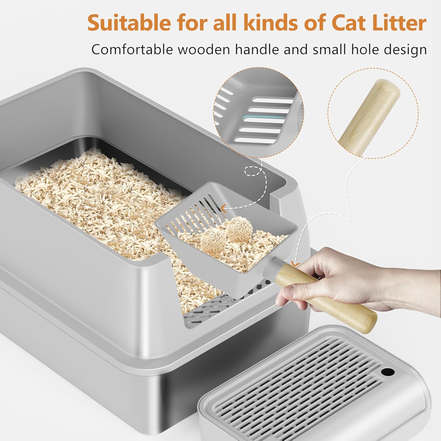 Stainless Steel Cat Litter Box with Lid, XL Extra Large Litter Box for Big Cats, Enclosed Removable Metal Litter Boxs with High Sided Enclosure & Scoop, Anti-Leakage, Non-Sticky, Easy Cleaning(Grey)