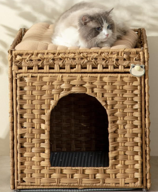 Cat Litter Box Enclosure Furniture, Hidden Litter Box with Mat and Fence, Handwoven Rattan Cat House with Two S-Shaped Hooks for Living Room, Bedroom, 18.5 X 20.5 X 19.1 Inches (Natural)