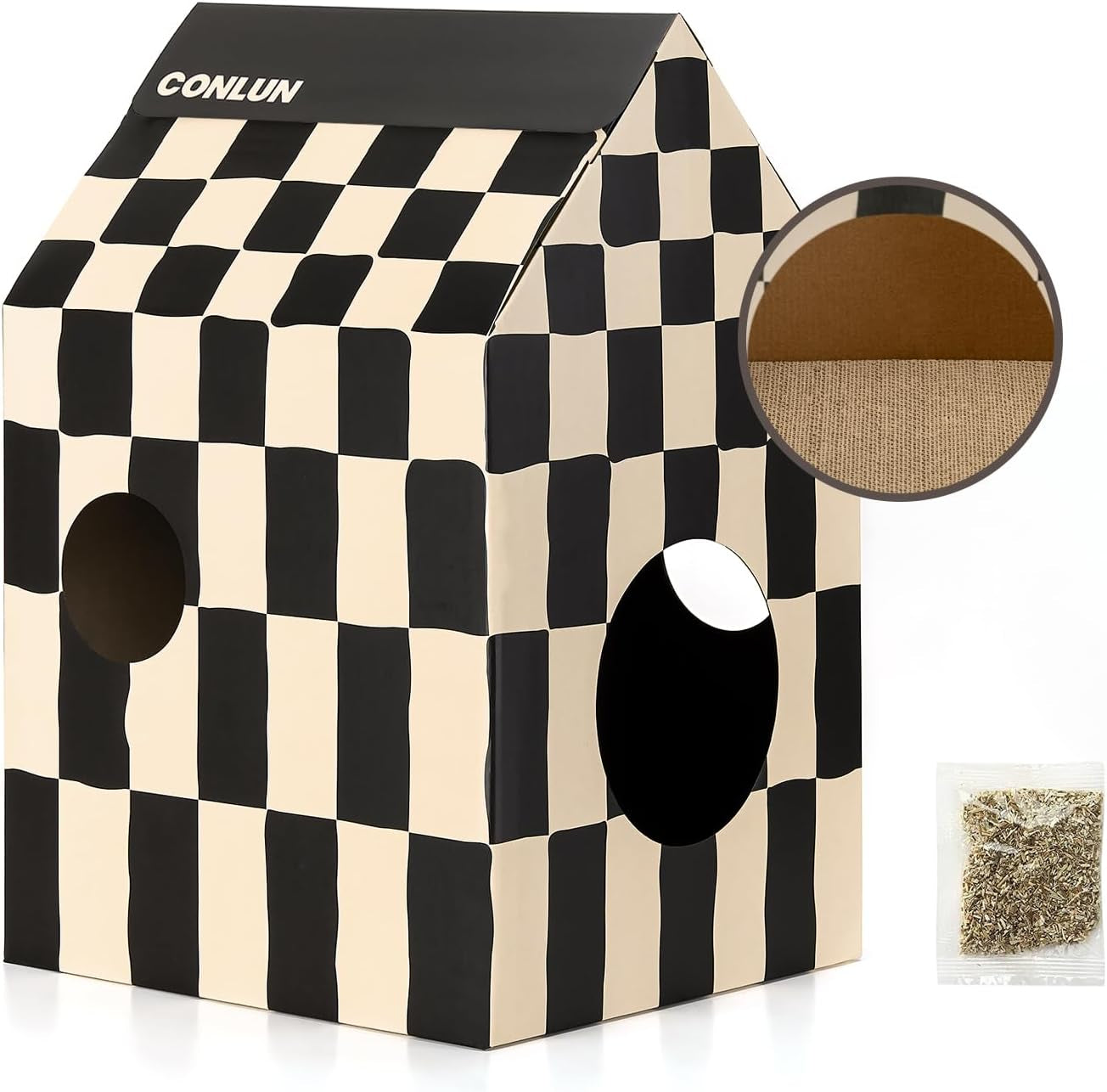 Cardboard Cat House with Scratch Pad & Catnip, Cat Play Scratching House for Indoor Hideaway Furniture, Heavy Duty Sturdy Cardboard Scratcher, Easy to Assemble Birthday Gift