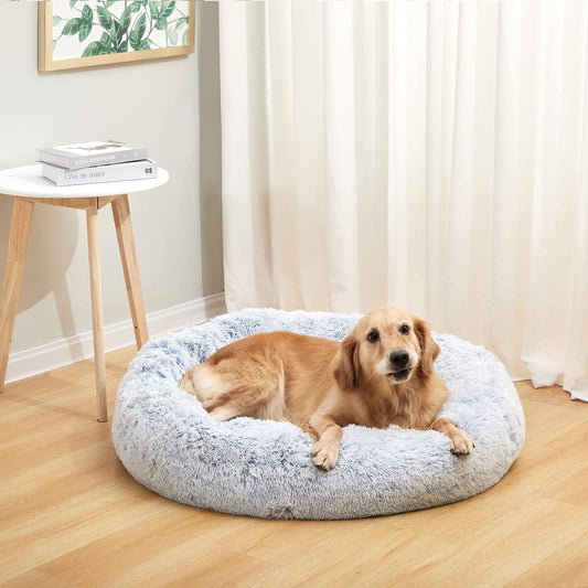 Calming Donut Dog Bed, 36 Inches round Fluffy for Large Dogs, Anti-Anxiety Plush, Machine Washable (Light Blue, Large)
