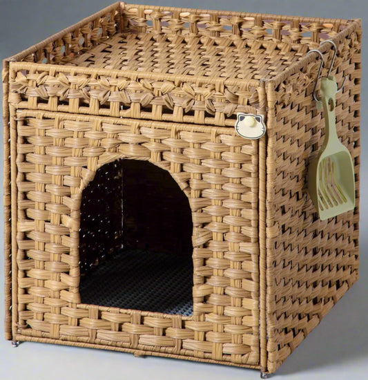 Cat Litter Box Enclosure Furniture, Hidden Litter Box with Mat and Fence, Handwoven Rattan Cat House with Two S-Shaped Hooks for Living Room, Bedroom, 18.5 X 20.5 X 19.1 Inches (Natural)
