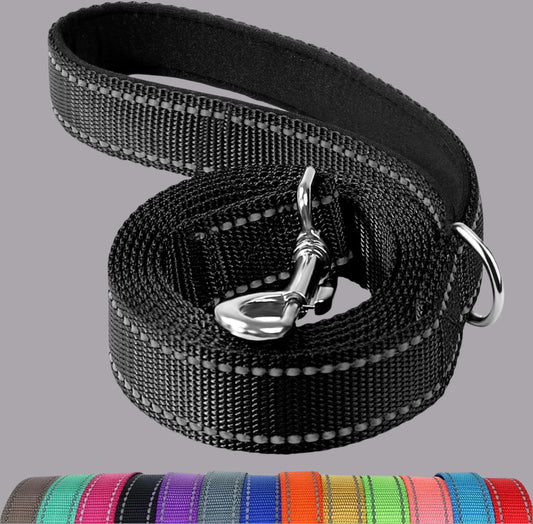 Double-Sided Reflective Dog Leash, 6 FT/5 FT/4 FT, Padded Handle Nylon Heavy Duty Leashes for Medium & Large Dogs Walking, Black, 6FT