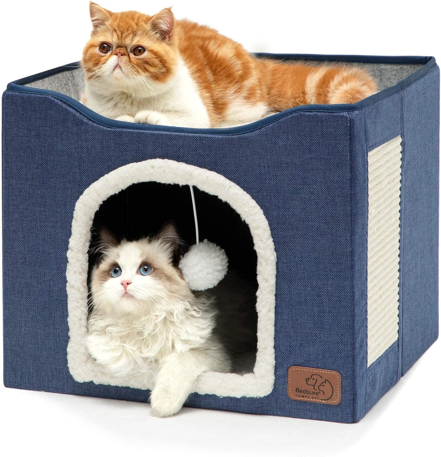 Cat Beds for Indoor Cats - Large Cat Cave for Pet Cat House with Fluffy Ball Hanging and Scratch Pad, Foldable Cat Hideaway, 16.5X16.5X13 Inches, Blue