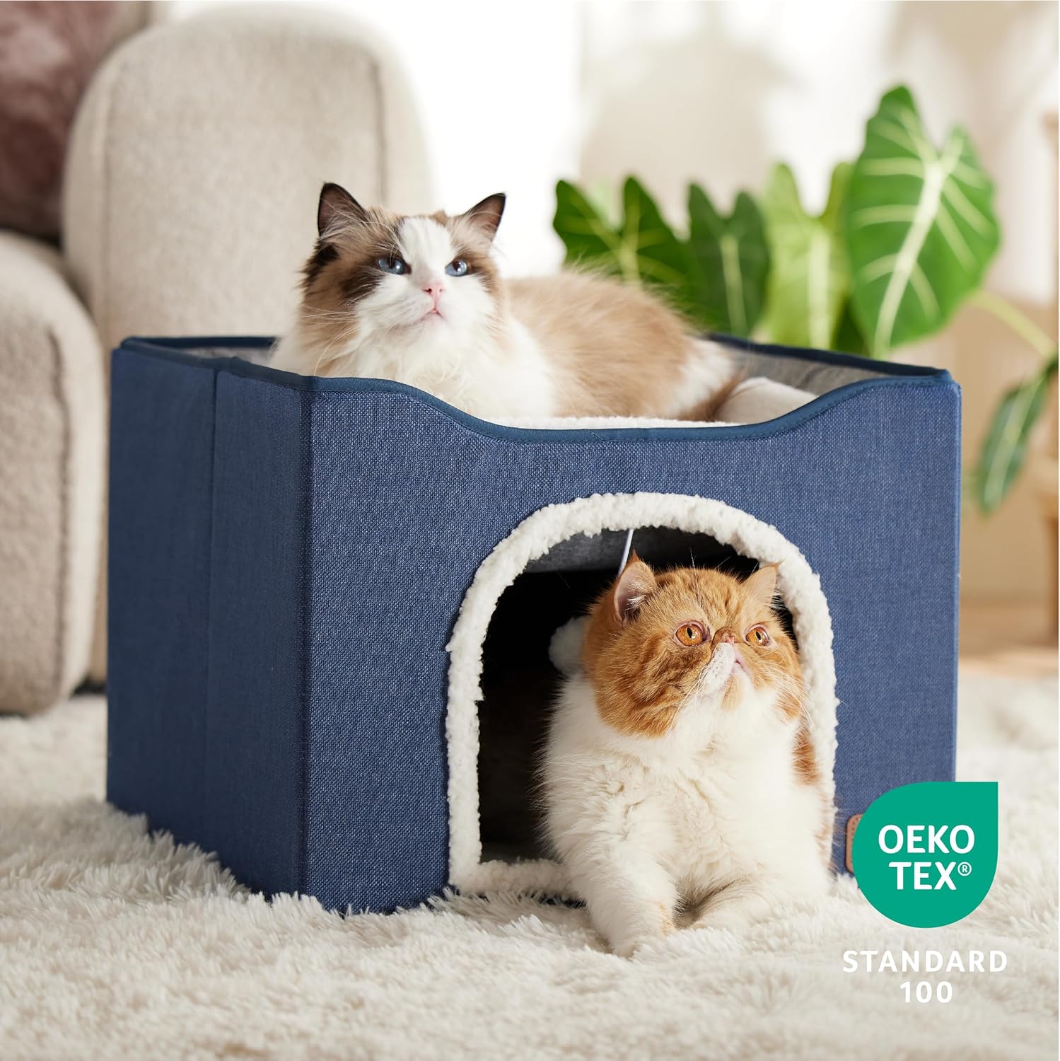 Cat Beds for Indoor Cats - Large Cat Cave for Pet Cat House with Fluffy Ball Hanging and Scratch Pad, Foldable Cat Hideaway, 16.5X16.5X13 Inches, Blue
