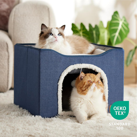 Cat Beds for Indoor Cats - Large Cat Cave for Pet Cat House with Fluffy Ball Hanging and Scratch Pad, Foldable Cat Hideaway, 16.5X16.5X13 Inches, Blue