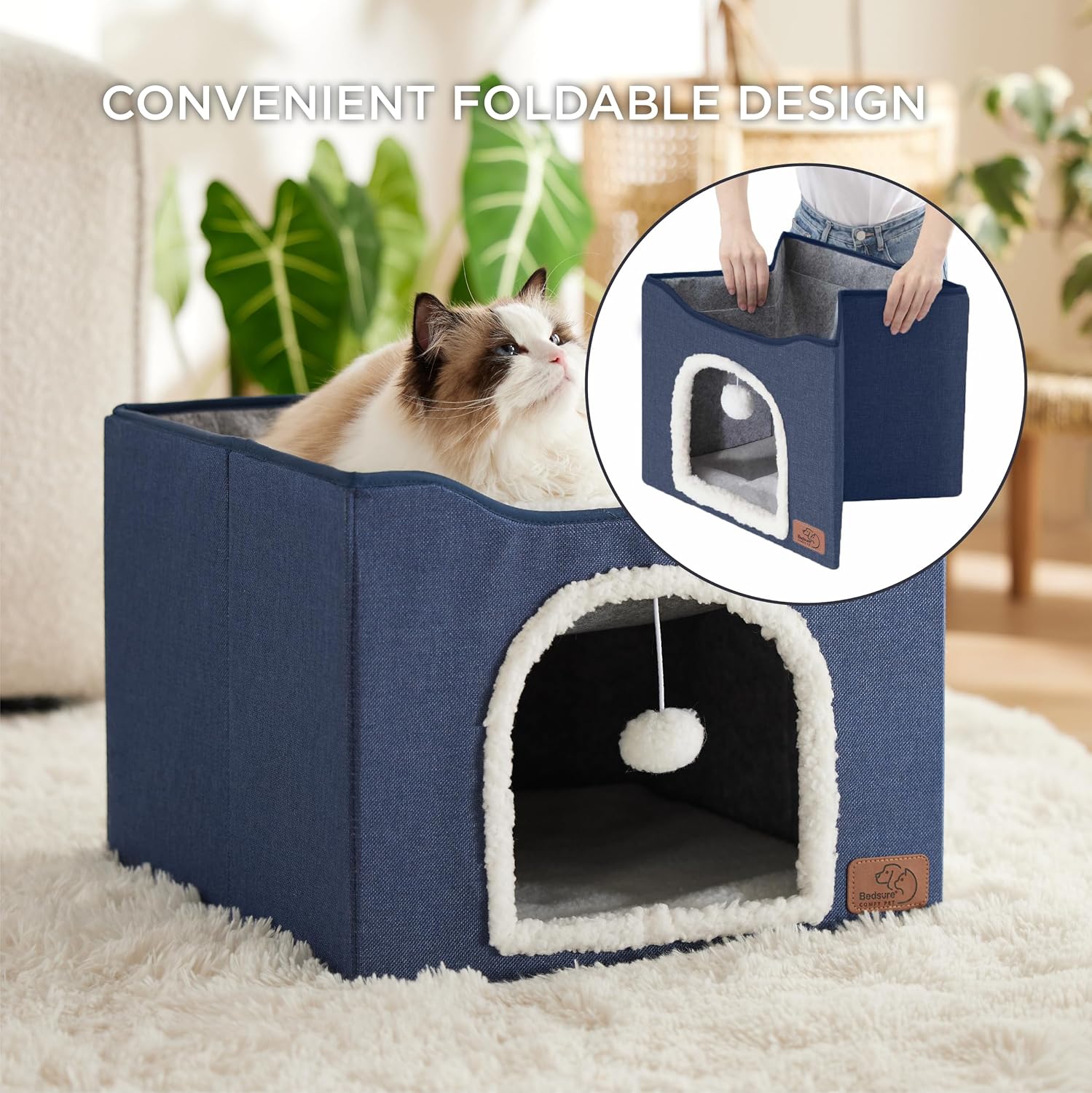 Cat Beds for Indoor Cats - Large Cat Cave for Pet Cat House with Fluffy Ball Hanging and Scratch Pad, Foldable Cat Hideaway, 16.5X16.5X13 Inches, Blue