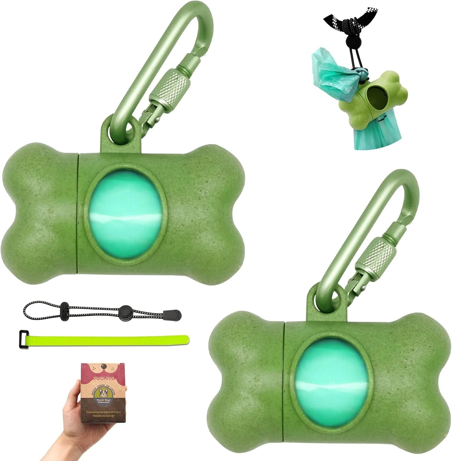 Dog Poop Pickup Bags Holder Dispenser with Standard-Sized Leak-Proof Scented Doggy Waste Bags and Carabiner with Safety Lock&Fastener Never Loose on Leash Lead Again (2 Holder 30 Bags, Green)
