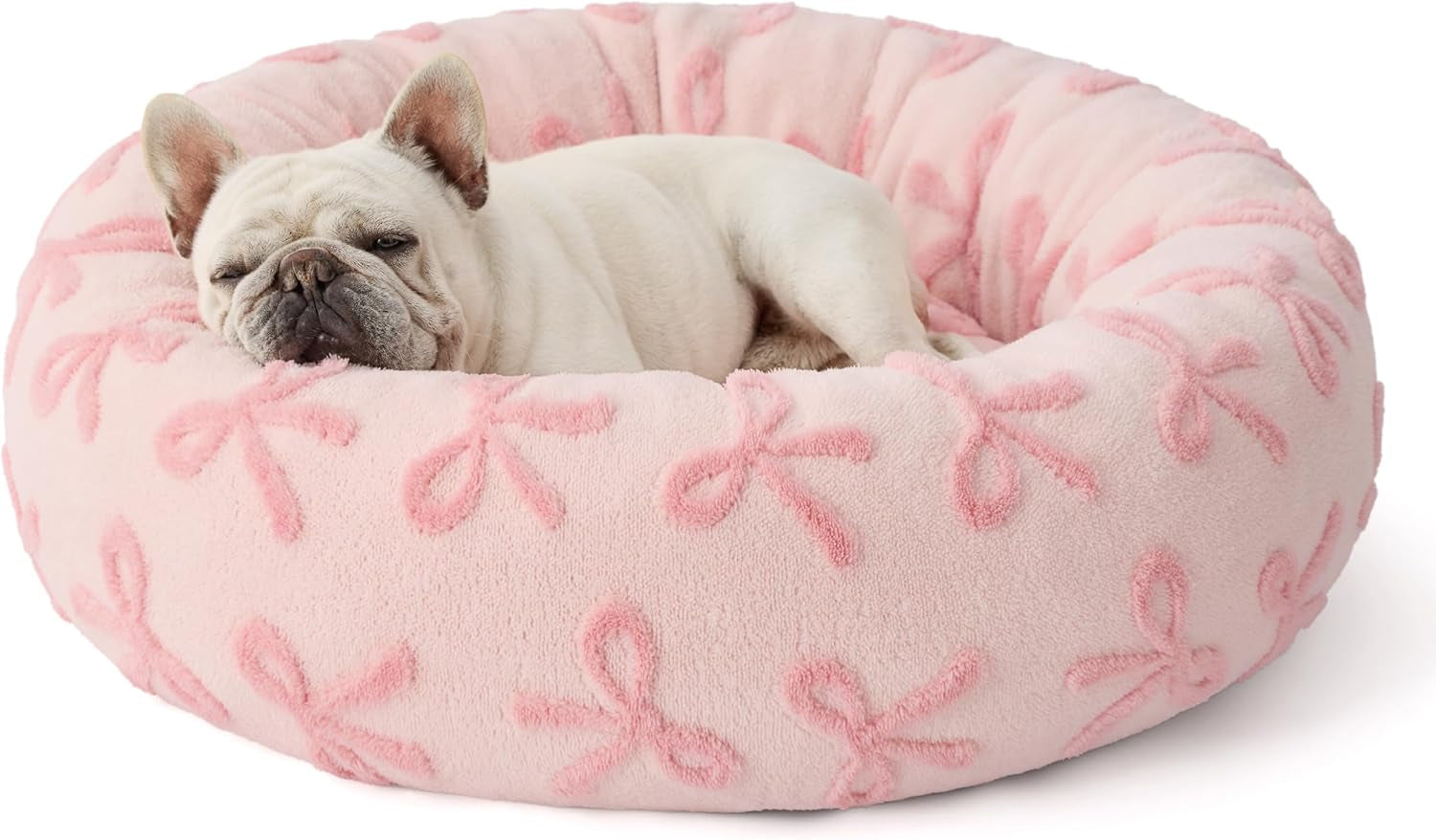 Lesure Donut Medium Dog Bed - round Cat Beds for Indoor Cats Calming Pet Beds, Cute Modern Beds with Jacquard Shaggy Plush & anti Slip Bottom, 30 Inch, Pink Taffy