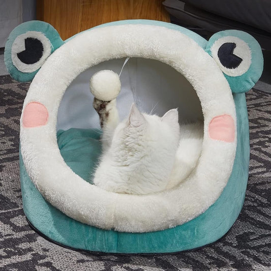 Cute Cat Bed, Indoor Lovely Velvet Igloo for Cat and Small Dog, Warm Cave Sleeping Nest Bed for Puppy and Kitten, Green Frog, M
