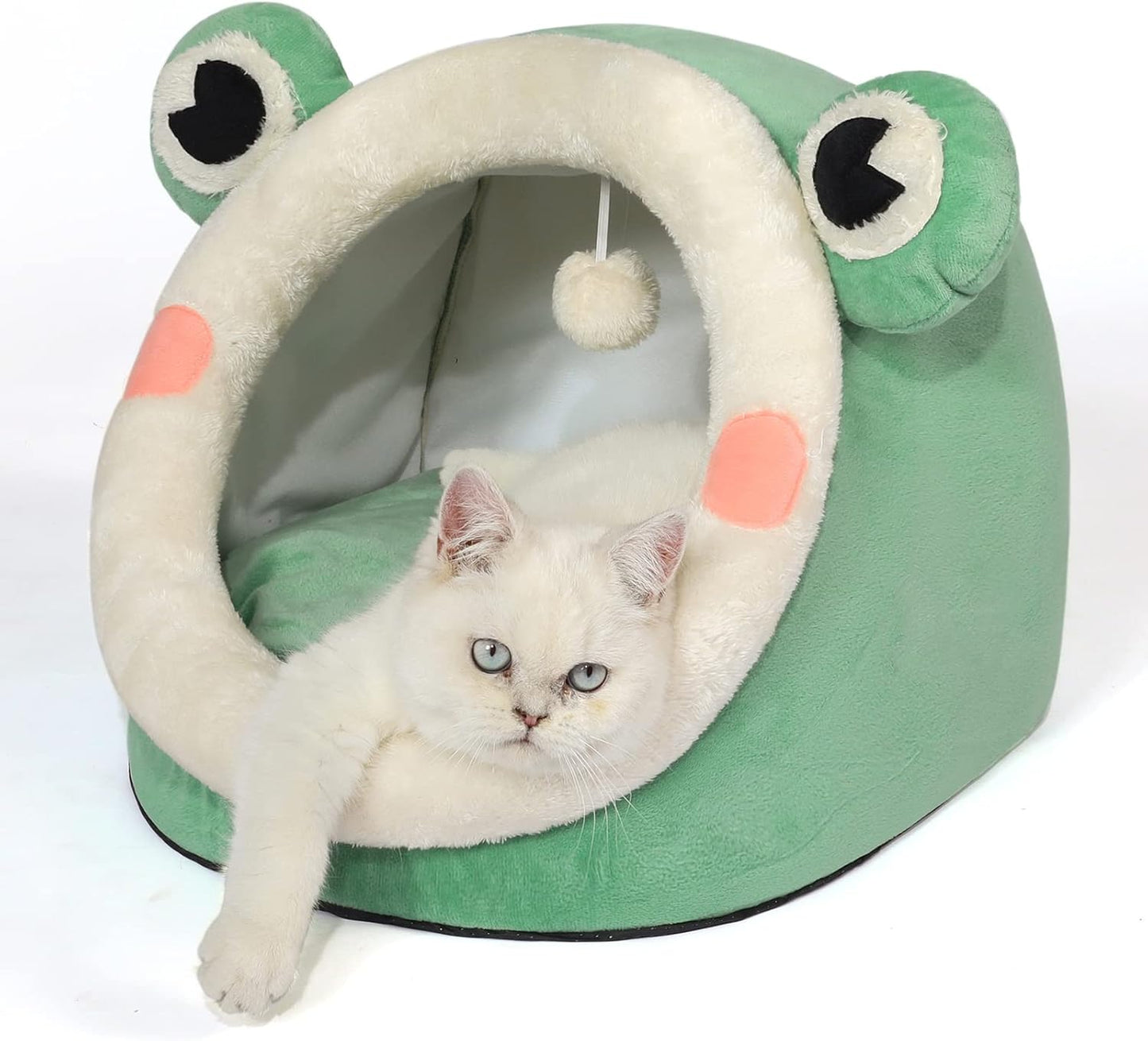 Cute Cat Bed, Indoor Lovely Velvet Igloo for Cat and Small Dog, Warm Cave Sleeping Nest Bed for Puppy and Kitten, Green Frog, M