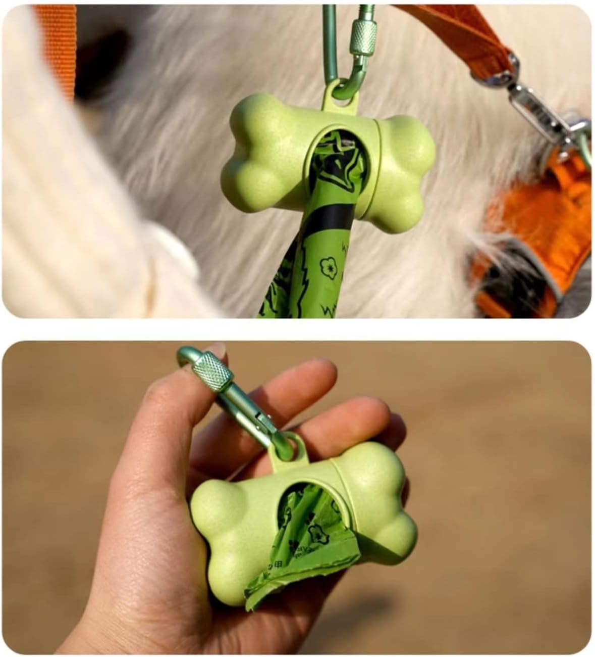 Dog Poop Pickup Bags Holder Dispenser with Standard-Sized Leak-Proof Scented Doggy Waste Bags and Carabiner with Safety Lock&Fastener Never Loose on Leash Lead Again (2 Holder 30 Bags, Green)