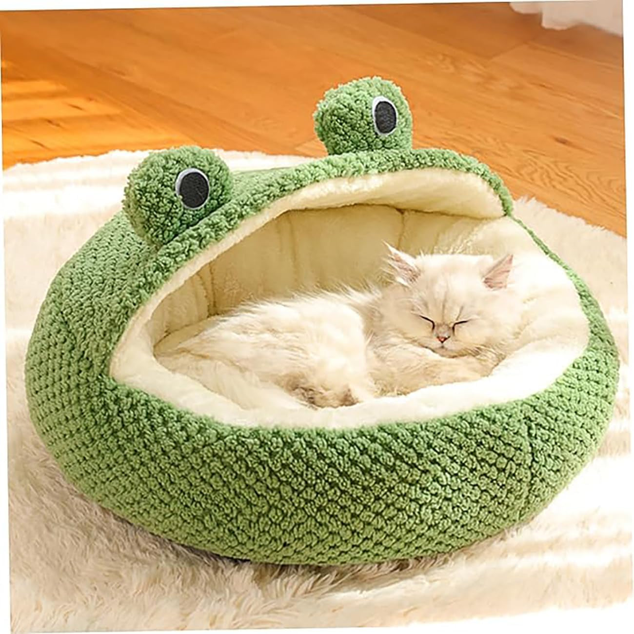 Cute Frog Cat Bed, Cozy Cat Cave, Kitten Sleeping Bag with Non-Slip Base, Warm Velvety Cat Bed for Indoor Cats, Removable Cushion, Nest Igloo Design for Security and Comfort (2, M)